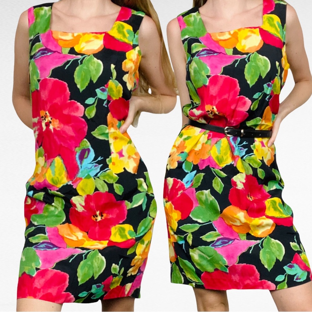 VINTAGE | 1980’s Melissa Lawrence Abstract Multicolor Floral Sleeveless Dress